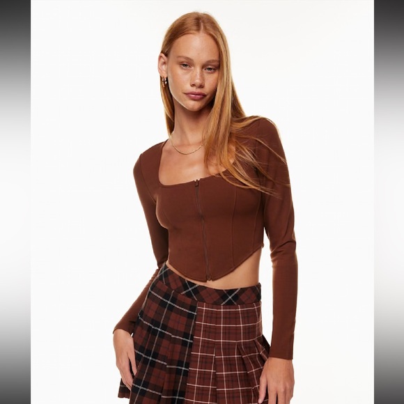 pale yellow Aritzia Sunday Best zip up long sleeve crop/corset-style top size M - Picture 9 of 11